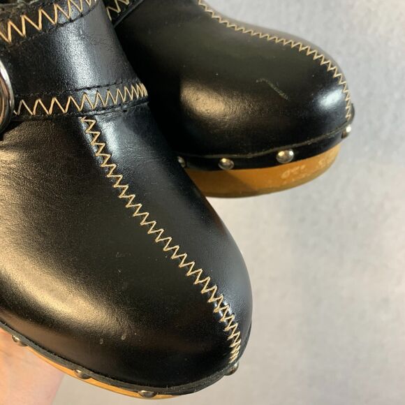 VTG 00s Steve Madden Women Y2K Wooden Platform Clogs Sz 6 Black Leather Studded - Picture 12 of 16